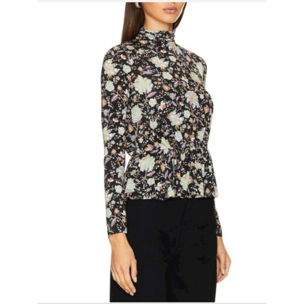 Ulla Johnson Nina Top In Nuit Floral Print Drapey Turtleneck & Peplum Hem Size 0